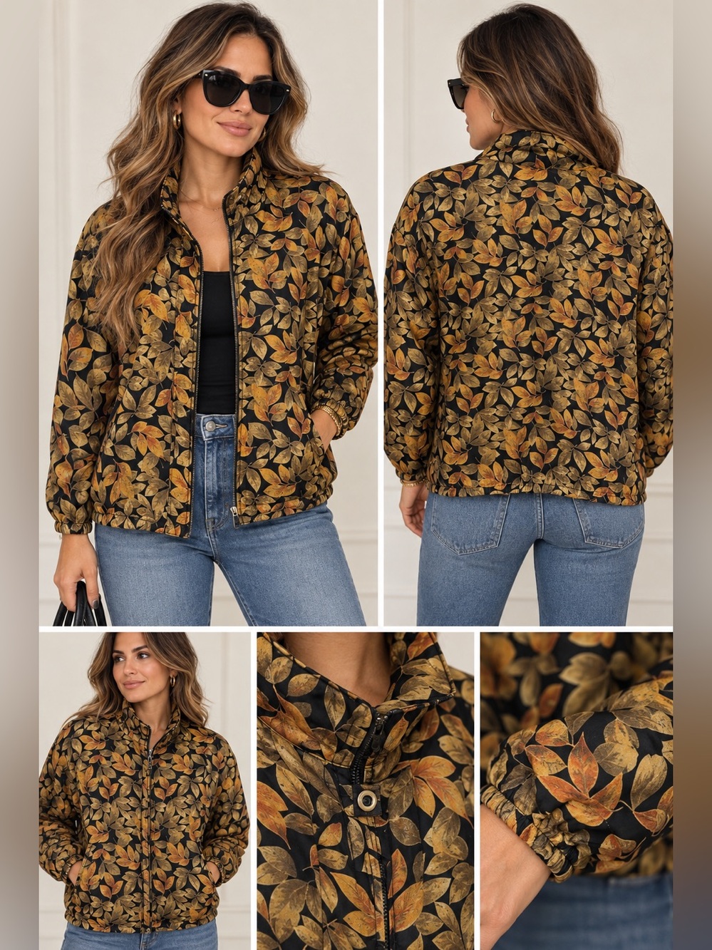 Stunt Sports 100% Silk Leaf Print Jacket Size L Black Brown Orange Retro
